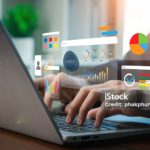 Financial business KPI System data analytics graph dashboard. Businessman using laptop and dashboard for business data analysis and data management system with KPI.  operations, sales, marketing